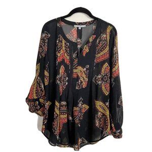 Daniel Rainn Women's size S Long Sleeve Blouse Black‎ Red Yellow Floral